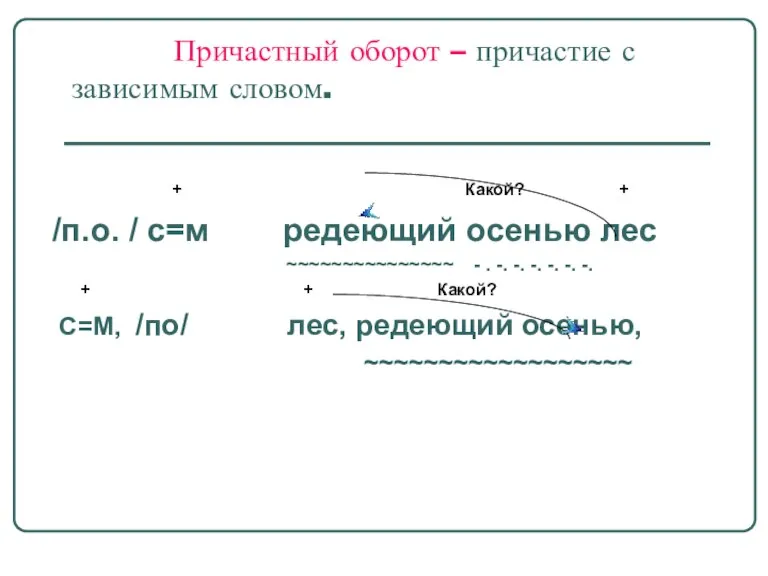 Причастный оборот – причастие с зависимым словом. + Какой? + /п.о. /