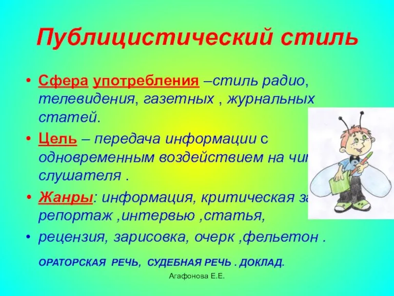 Агафонова Е.Е. Публицистический стиль Сфера употребления –стиль радио, телевидения, газетных , журнальных