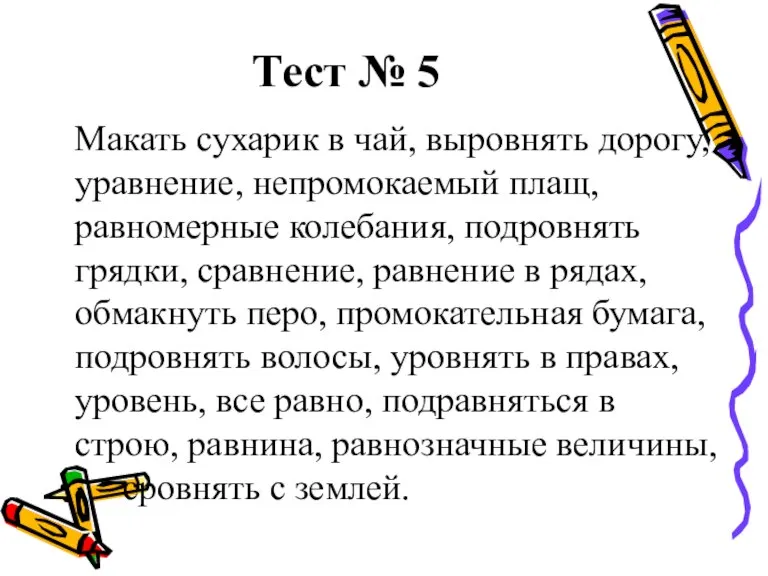 Тест № 5 Макать сухарик в чай, выровнять дорогу, уравнение, непромокаемый плащ,