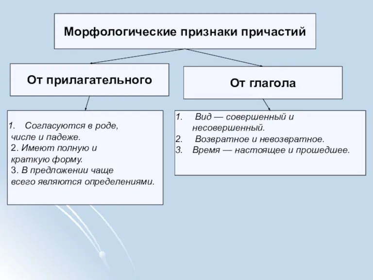 Морфологические признаки причастий От прилагательного Согласуются в роде, числе и падеже. 2.