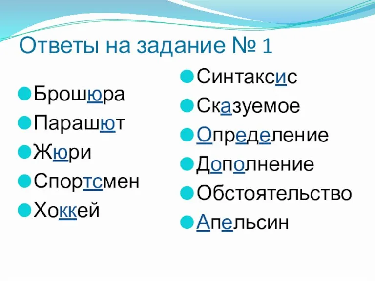 Ответы на задание № 1 Брошюра Парашют Жюри Спортсмен Хоккей Синтаксис Сказуемое Определение Дополнение Обстоятельство Апельсин