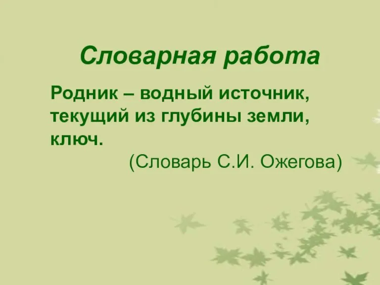 Словарная работа Родник – водный источник, текущий из глубины земли, ключ. (Словарь С.И. Ожегова)