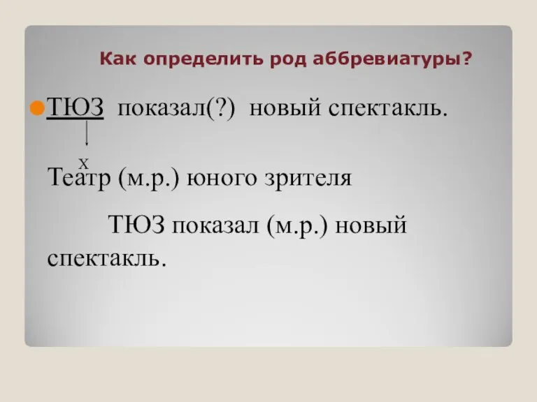 Как определить род аббревиатуры? ТЮЗ показал(?) новый спектакль. Х Театр (м.р.) юного