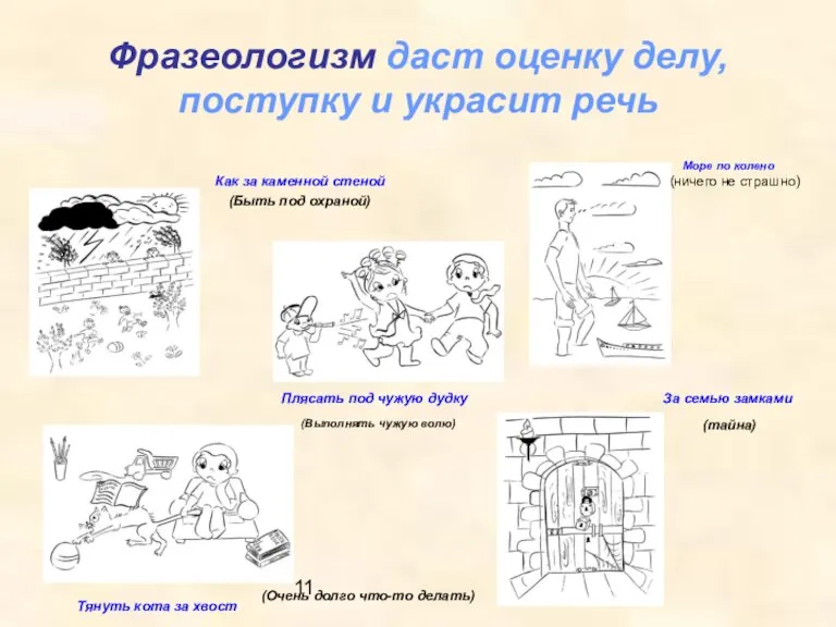 11 Фразеологизм даст оценку делу, поступку и украсит речь Как за каменной