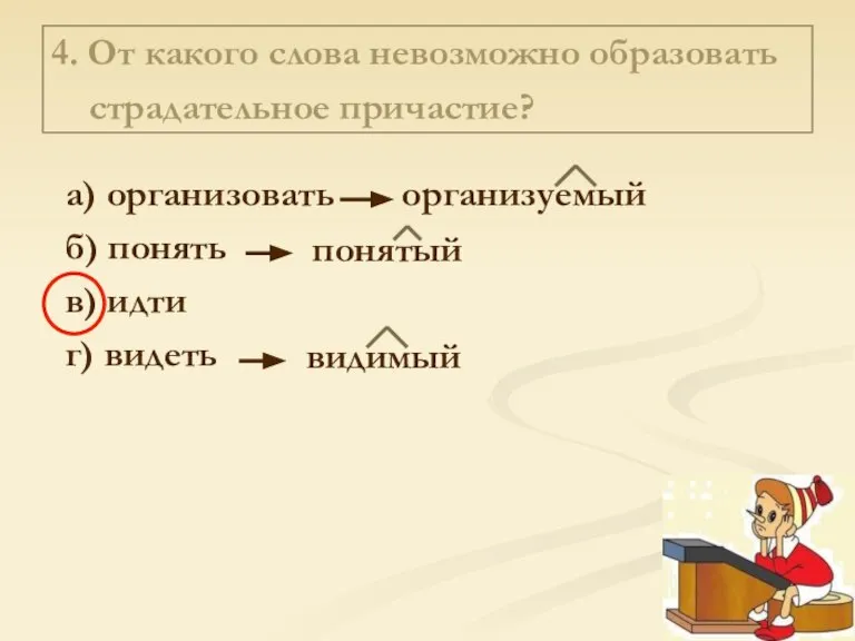 4. От какого слова невозможно образовать страдательное причастие? а) организовать б) понять