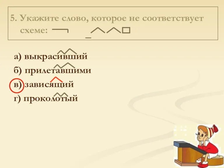 5. Укажите слово, которое не соответствует схеме: а) выкрасивший б) прилетавшими в) зависящий г) проколотый