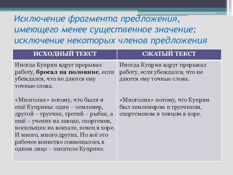 Исключение фрагмента предложения, имеющего менее существенное значение; исключение некоторых членов предложения