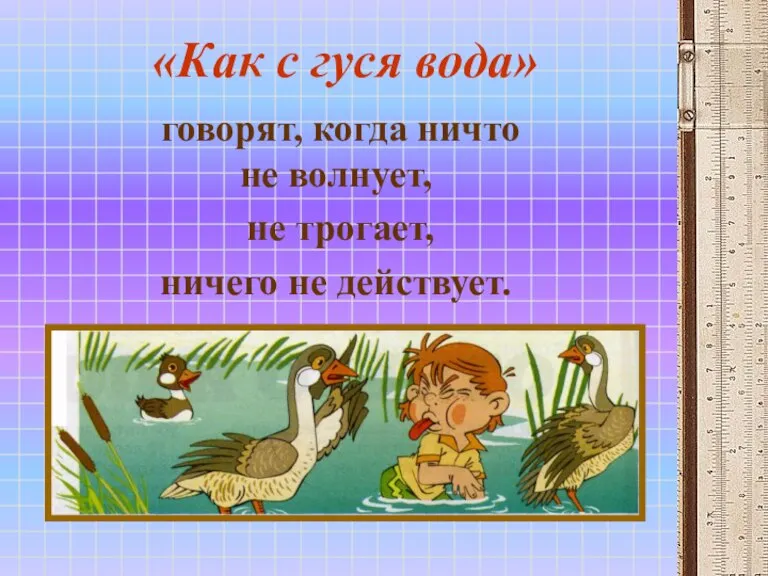 «Как с гуся вода» говорят, когда ничто не волнует, не трогает, ничего не действует.