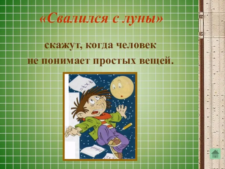 «Свалился с луны» скажут, когда человек не понимает простых вещей.