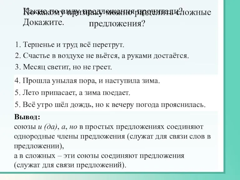 Вывод: союзы и (да), а, но в простых предложениях соединяют однородные члены