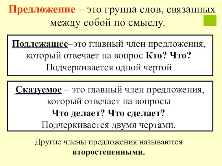 Предложение – это группа слов, связанных между собой по смыслу. Подлежащее–это главный