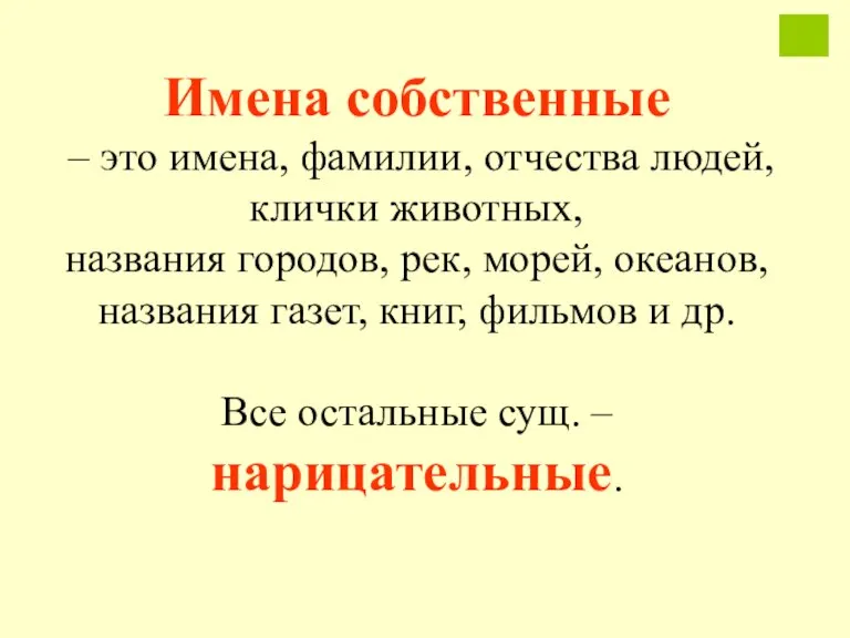 Имена собственные – это имена, фамилии, отчества людей, клички животных, названия городов,