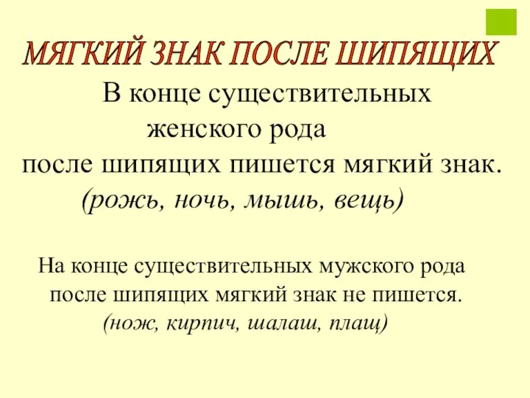 В конце существительных женского рода после шипящих пишется мягкий знак. (рожь, ночь,