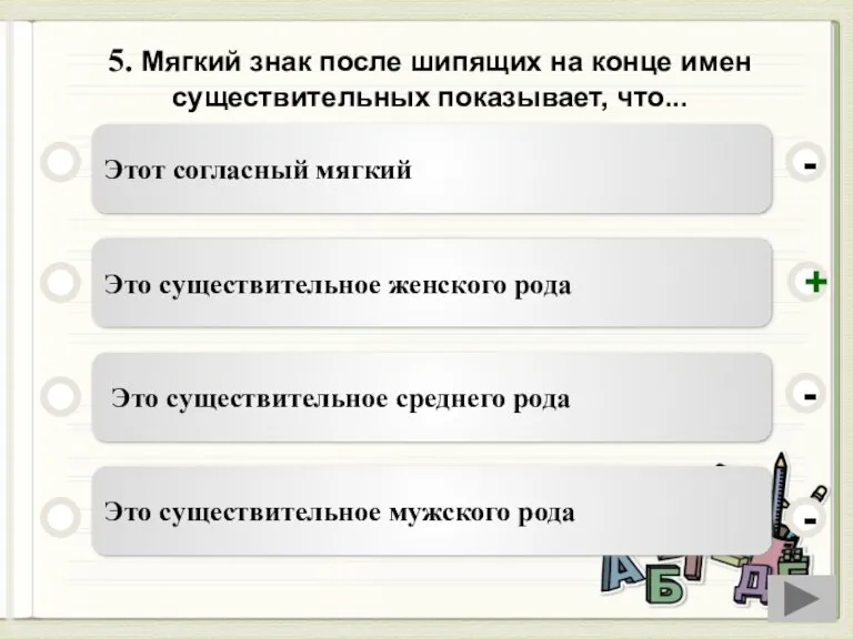 5. Мягкий знак после шипящих на конце имен существительных показывает, что... Этот