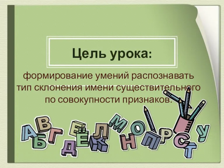 формирование умений распознавать тип склонения имени существительного по совокупности признаков. Цель урока: