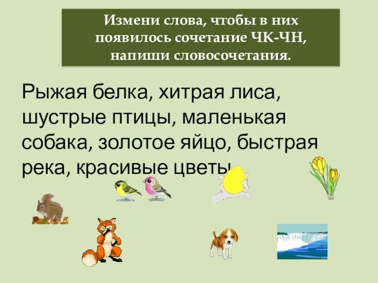 Измени слова, чтобы в них появилось сочетание ЧК-ЧН, напиши словосочетания. Рыжая белка,