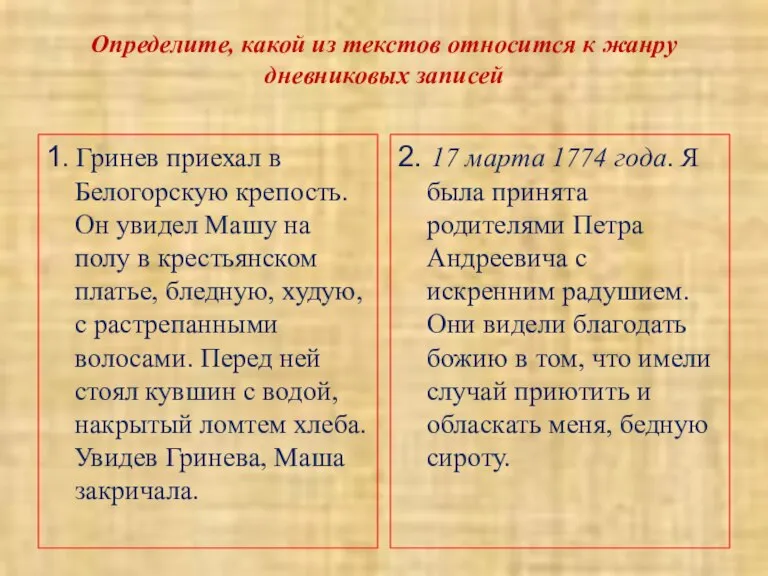 Определите, какой из текстов относится к жанру дневниковых записей 1. Гринев приехал