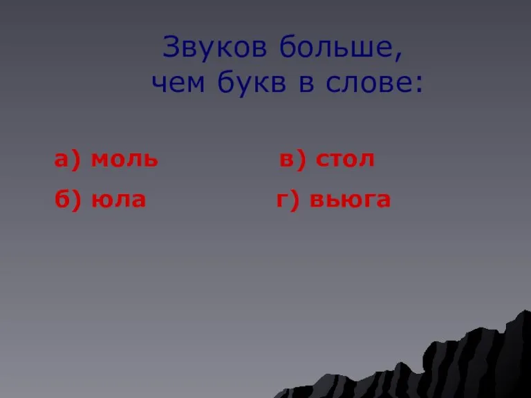 Звуков больше, чем букв в слове: а) моль в) стол б) юла г) вьюга