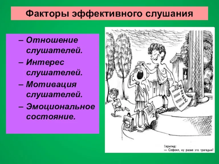 Факторы эффективного слушания Отношение слушателей. Интерес слушателей. Мотивация слушателей. Эмоциональное состояние.