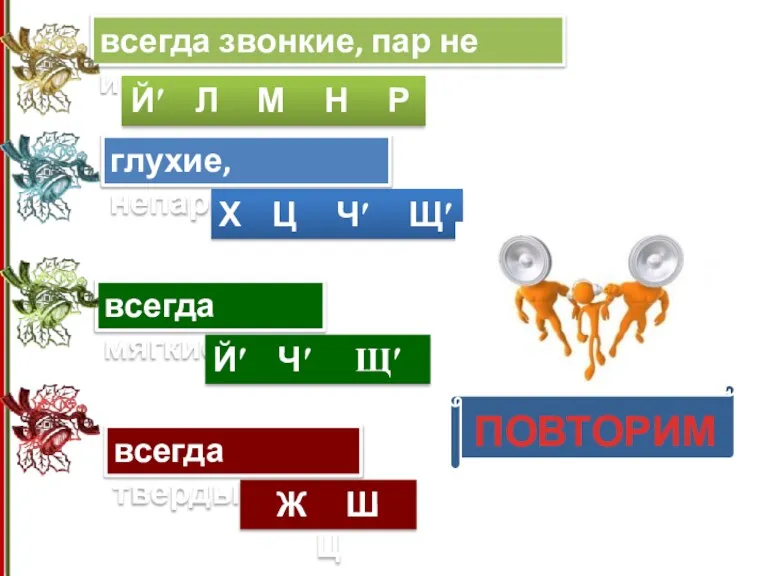 ПОВТОРИМ всегда звонкие, пар не имеют Йʹ Л М Н Р глухие,