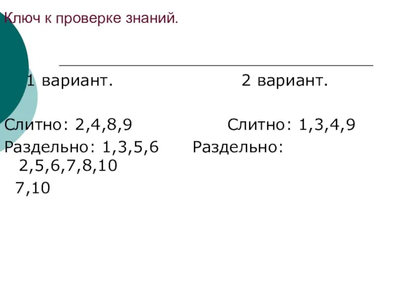 Ключ к проверке знаний. 1 вариант. 2 вариант. Слитно: 2,4,8,9 Слитно: 1,3,4,9