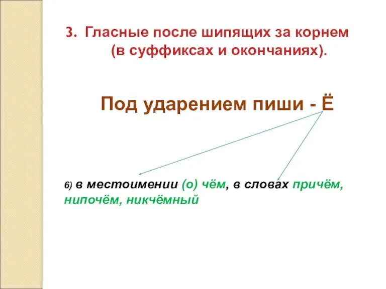 Гласные после шипящих за корнем (в суффиксах и окончаниях). 6) в местоимении