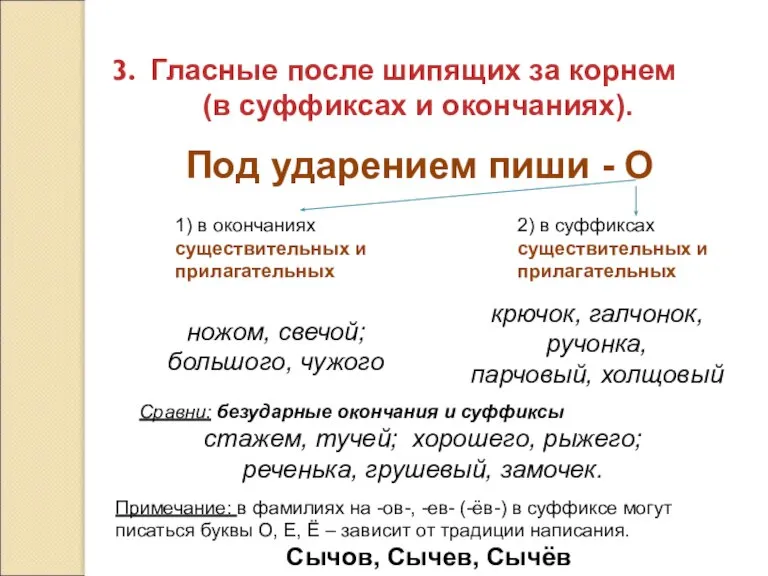 Гласные после шипящих за корнем (в суффиксах и окончаниях). Под ударением пиши