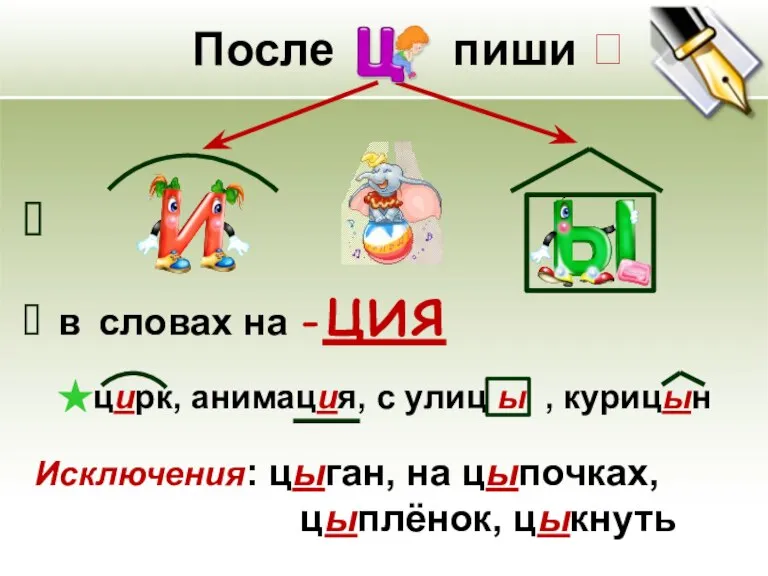 После пиши  в словах на -ция цирк, анимация, с улиц ы