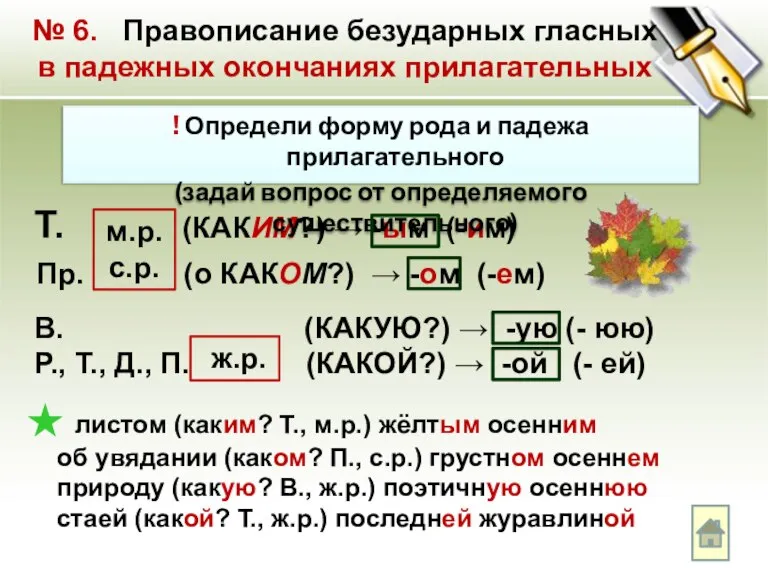 Т. (КАКИМ?) → -ым (-им) № 6. Правописание безударных гласных в падежных