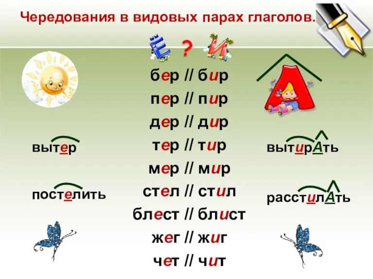 постелить вытирАть вытер Чередования в видовых парах глаголов. бер // бир пер