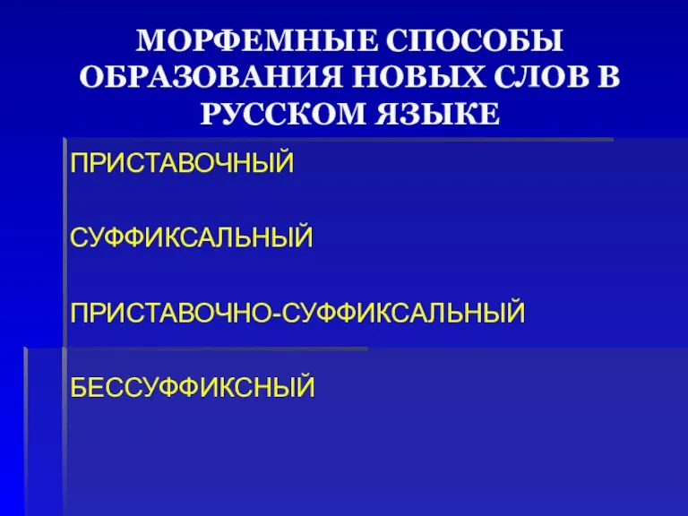 МОРФЕМНЫЕ СПОСОБЫ ОБРАЗОВАНИЯ НОВЫХ СЛОВ В РУССКОМ ЯЗЫКЕ ПРИСТАВОЧНЫЙ СУФФИКСАЛЬНЫЙ ПРИСТАВОЧНО-СУФФИКСАЛЬНЫЙ БЕССУФФИКСНЫЙ