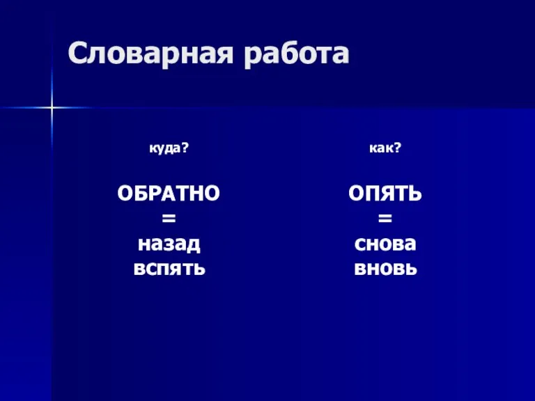 Словарная работа куда? ОБРАТНО = назад вспять как? ОПЯТЬ = снова вновь