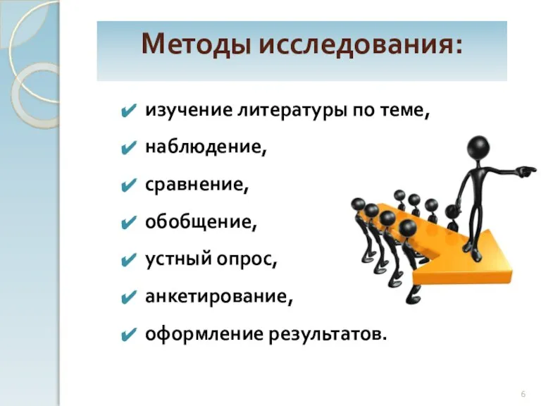 Методы исследования: изучение литературы по теме, наблюдение, сравнение, обобщение, устный опрос, анкетирование, оформление результатов.