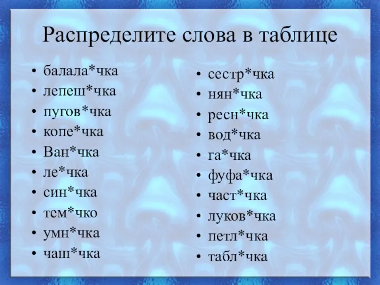 Распределите слова в таблице балала*чка лепеш*чка пугов*чка копе*чка Ван*чка ле*чка син*чка тем*чко