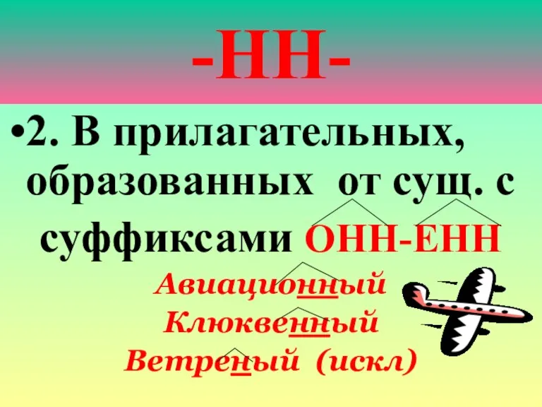 -НН- 2. В прилагательных, образованных от сущ. с суффиксами ОНН-ЕНН Авиационный Клюквенный Ветреный (искл)