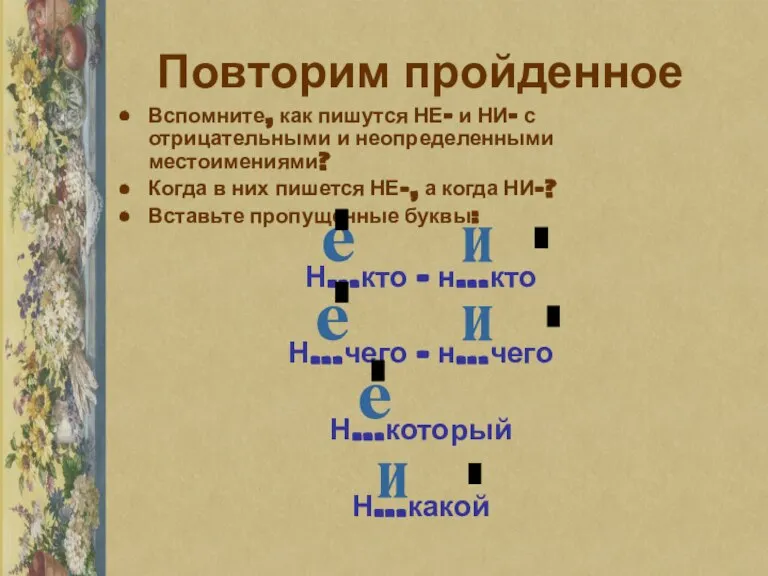 Повторим пройденное Вспомните, как пишутся НЕ- и НИ- с отрицательными и неопределенными