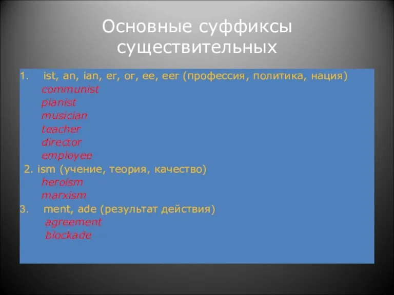 Основные суффиксы существительных ist, an, ian, er, or, ee, eer (профессия, политика,