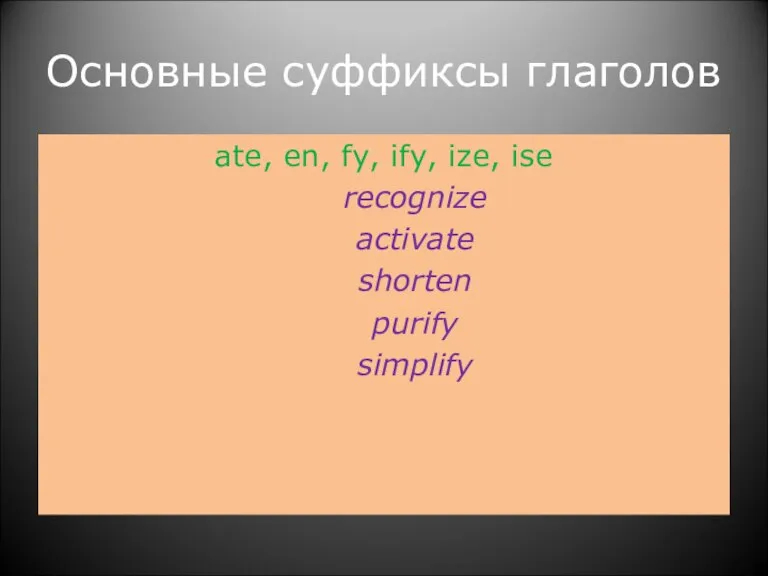 Основные суффиксы глаголов ate, en, fy, ify, ize, ise recognize activate shorten purify simplify