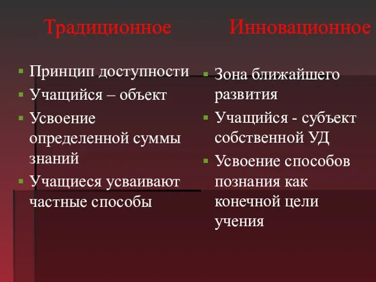 Традиционное Инновационное Принцип доступности Учащийся – объект Усвоение определенной суммы знаний Учащиеся