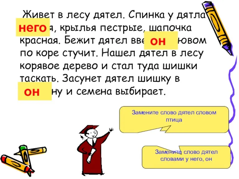 Живет в лесу дятел. Спинка у дятла черная, крылья пестрые, шапочка красная.