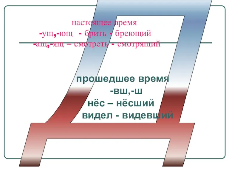 Д настоящее время -ущ,-ющ - брить - бреющий -ащ,-ящ – смотреть -