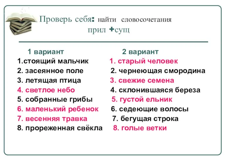 Проверь себя: найти словосочетания прил +сущ 1 вариант 2 вариант 1.стоящий мальчик