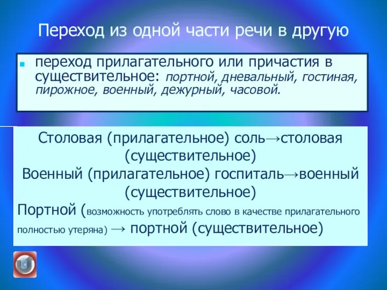 Переход из одной части речи в другую переход прилагательного или причастия в