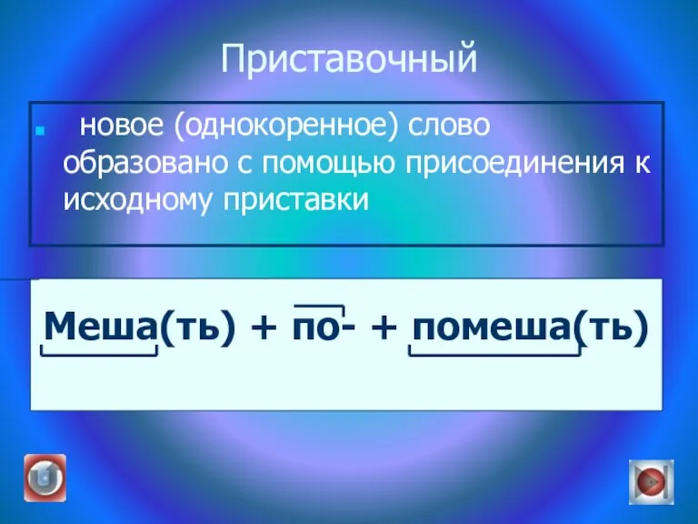 Приставочный новое (однокоренное) слово образовано с помощью присоединения к исходному приставки Меша(ть) + по- + помеша(ть)