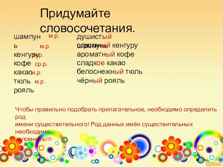 Придумайте словосочетания. шампунь кенгуру кофе какао тюль рояль Чтобы правильно подобрать прилагательное,