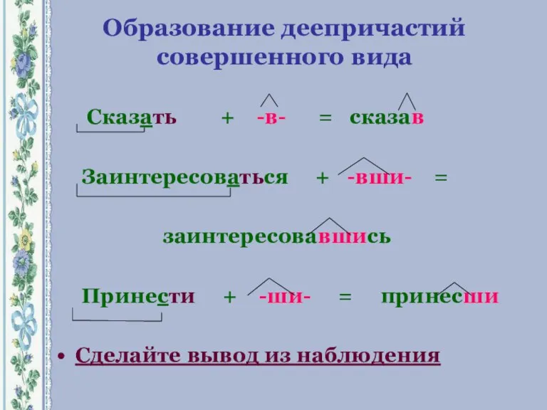 Образование деепричастий совершенного вида Сказать + -в- = сказав Заинтересоваться + -вши-