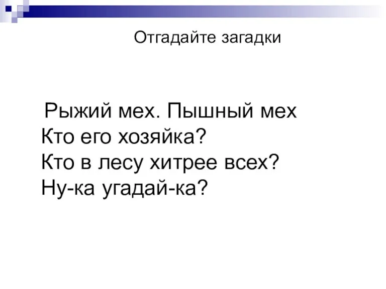 Рыжий мех. Пышный мех Кто его хозяйка? Кто в лесу хитрее всех? Ну-ка угадай-ка? Отгадайте загадки