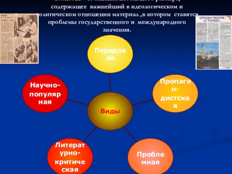 Статья- сочинение небольшого размера, содержащее важнейший в идеологическом и политическом отношении материал