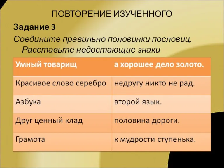 Задание 3 Соедините правильно половинки пословиц. Расставьте недостающие знаки препинания. ПОВТОРЕНИЕ ИЗУЧЕННОГО