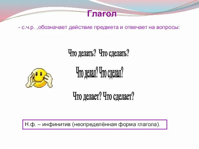 Н.ф. – инфинитив (неопределённая форма глагола). - с.ч.р. ,обозначает действие предмета и